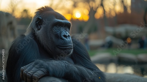 a close up of a gorilla sitting in front of a body of water with trees and buildings in the background.
