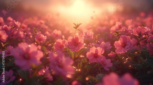 a field full of pink flowers with the sun shining through the clouds in the backround of the photo. © Shanti