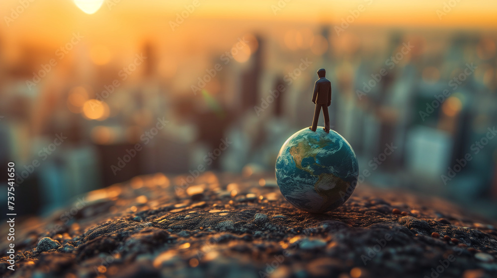 Spielzeug Mann steht auf einer miniatur-Erde auf einem Stein als Makro fotografiert und eine Stadt als Bokeh oder Blur im Hintergrund das Bild steht für globalen Einfluss - obrazy, fototapety, plakaty 