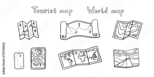 Set of travel elements in doodle style. Tourist map, world map, city card, interactive city maps. Travel route, route from and to, area maps, navigator. Hand drawn. Great for professional design.