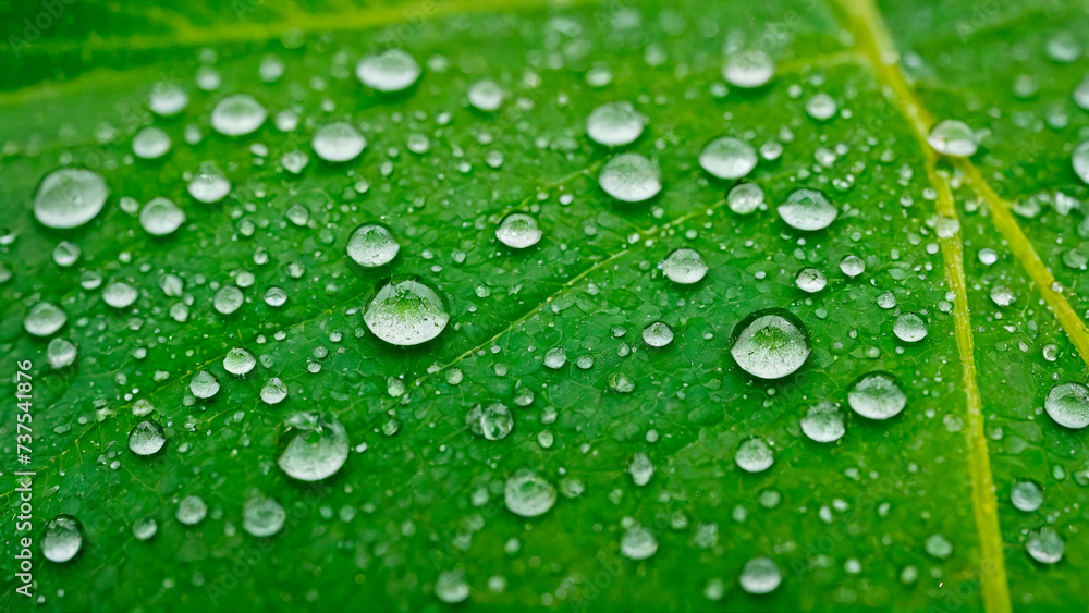 A macro shot of dew on a vibrant green leaf, capturing the glistening water droplets and detailed texture, symbolizing freshness, purity, and the intricate beauty of nature.