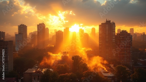 the sun is setting over a city with tall buildings in the foreground and smoke billowing from the buildings in the foreground.