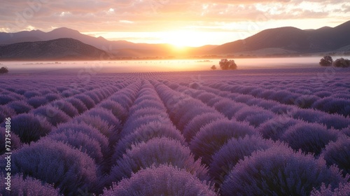 a large field of lavender flowers with the sun setting in the distance in the distance, with mountains in the background.