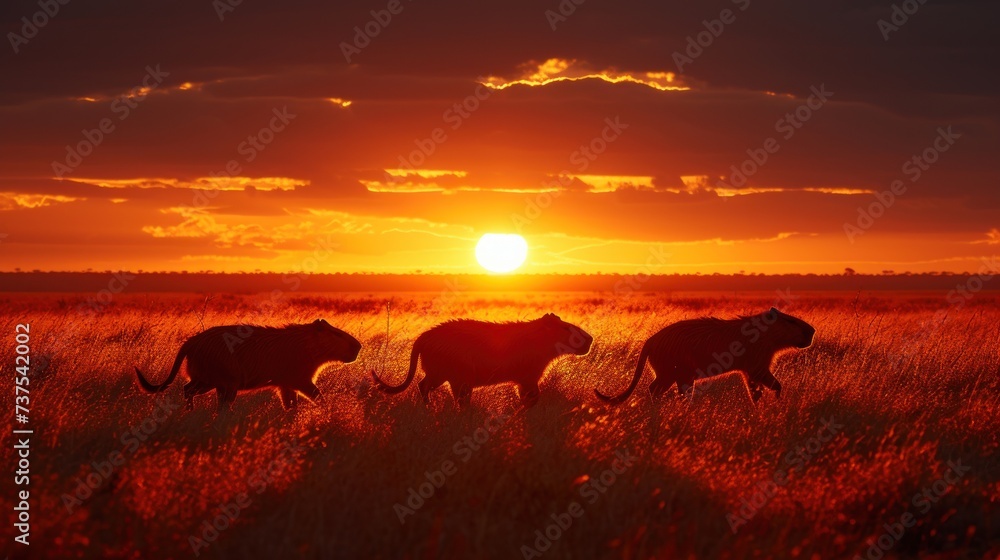 a herd of cattle walking across a grass covered field under a setting sun in the distance with the sun setting behind them. a herd of cattle walking across a grass covered field under a setting sun in the distance with the sun setting behind them.