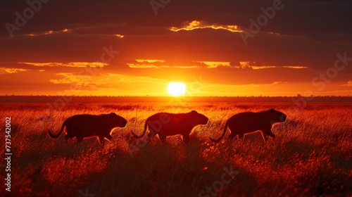 a herd of cattle walking across a grass covered field under a setting sun in the distance with the sun setting behind them. © Shanti
