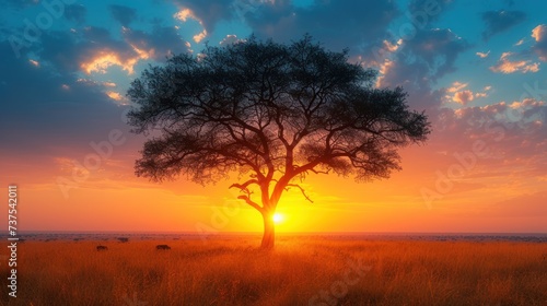 a tree in the middle of a field with the sun setting in the background and clouds in the sky above it.