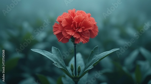 a single red flower sitting on top of a green leaf covered field of leaves in front of a blurry background.