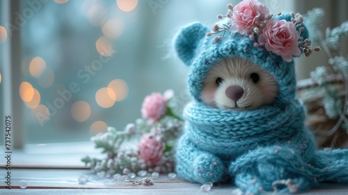 a teddy bear wearing a blue knitted outfit with a flower on its head and a flower in its mouth.