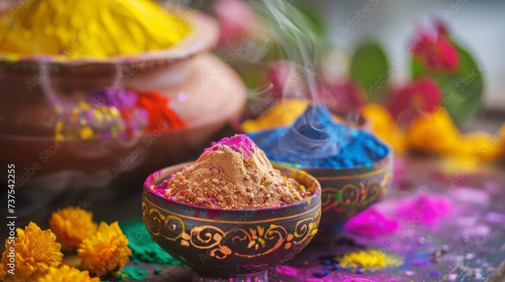 colorful ash in a bowl celebrating Holi hai colorful ash in a bowl celebrating Holi hai