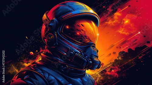 a man in a space suit standing in front of a red, yellow and blue background with a helmet on.