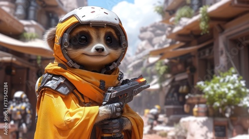 a racoon dressed in a yellow outfit holding a gun in front of a cityscape with buildings in the background.