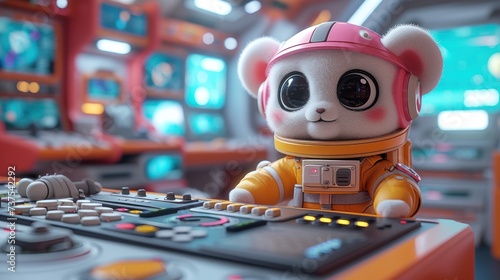 a teddy bear in a space suit sitting in front of a control panel with a control panel in the background.