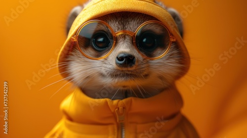 a close up of a small animal wearing glasses and a yellow jacket with a hood over it's face. © Shanti