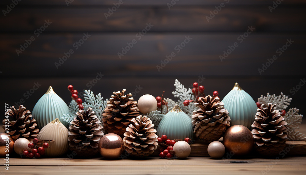 Christmas decoration on wooden table, snowflake pattern, illuminated with gold generated by AI