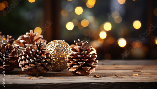 Rustic wood table adorned with glowing Christmas decorations and gifts generated by AI
