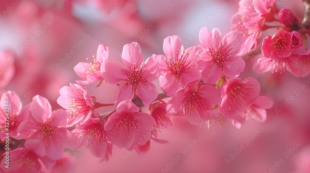 pink flowers blooming on a tree branch in a blurry photo with a soft focus to the center of the branch. pink flowers blooming on a tree branch in a blurry photo with a soft focus to the center of the branch.