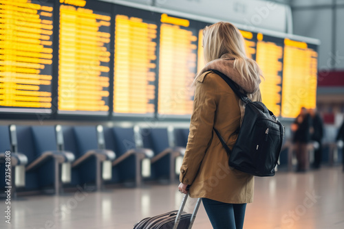 A young woman with a backpack at the international airport looks at the flight information board, holds a suitcase in her hand, in full height and checks her flight