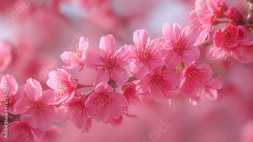 pink flowers blooming on a tree branch in a blurry photo with a soft focus to the center of the branch.