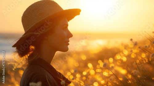 a woman in a hat is standing in a field of wildflowers with the sun setting in the background.
