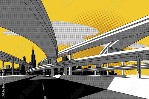 Black and white line drawing of highway overpass and city skyline on yellow background. Vector illustration in vintage art comic style with a Pattern Overlay effect