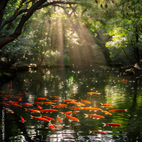 Serene Koi Pond with Sunlight Filtering Through Trees