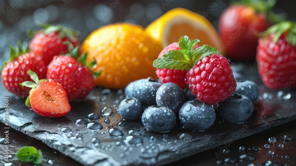 berries, oranges, strawberries, and lemons sit on a slate board with water droplets on it. berries, oranges, strawberries, and lemons sit on a slate board with water droplets on it.