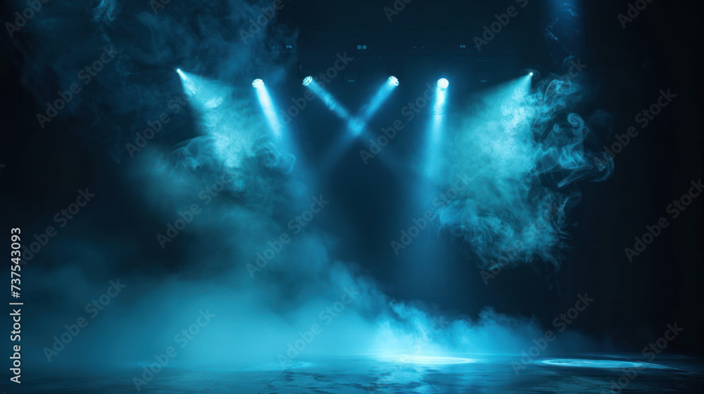Obraz premium Empty stage or scene with spotlights and blue smoke effect as wallpaper background illustration 