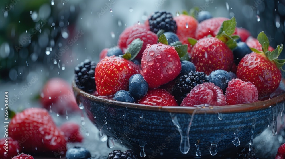 a bowl of strawberries and raspberries sit on a table with water running down the side of the bowl. a bowl of strawberries and raspberries sit on a table with water running down the side of the bowl.