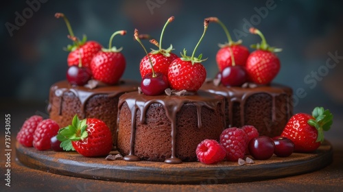 a chocolate cake with chocolate frosting and fresh raspberries on a wooden platter with a few more raspberries on top of the cake.