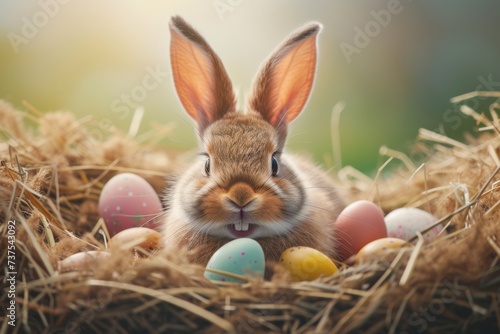 Happy Easter Eggs Basket CGI. Bunny in flower easter Folk Tale decoration Garden. Cute hare 3d Creative coloring easter rabbit spring illustration. Holy week Eggcellent card wallpaper warm regard