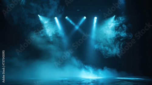 Empty stage or scene with spotlights and blue smoke effect as wallpaper background illustration 