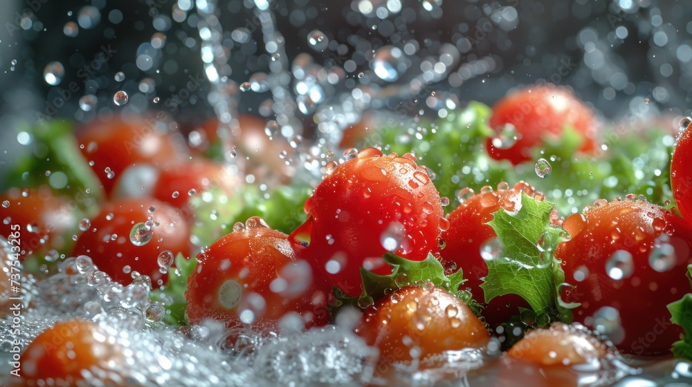 a close up of tomatoes and lettuce with water splashing on them and a green leafy sprig of lettuce in the foreground.