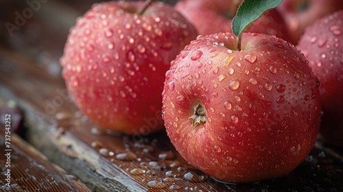 a group of red apples sitting on top of a wooden table with water droplets on the top of the apples.
