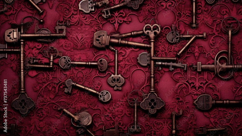 Obraz premium Background with antique old keys in Cherry Red color