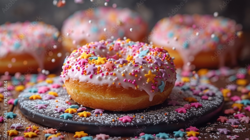 a close up of a doughnut on a plate with sprinkles and sprinkles around it.