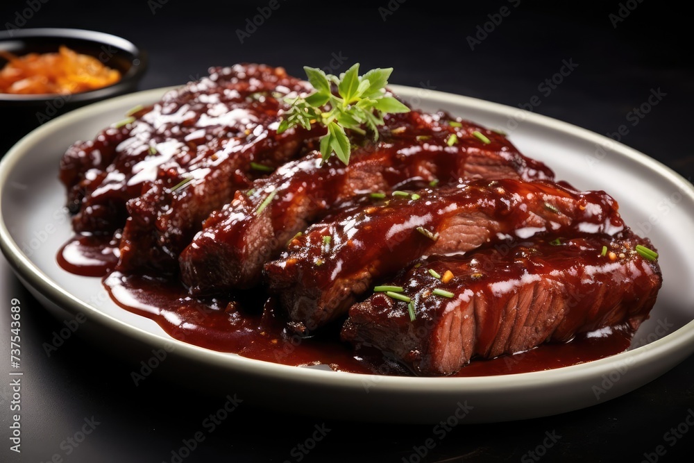 Grilled steak with melted barbeque sauce on a black and blur, Meat steak with sauce, on a white plate, on a black background Grilled beef tenderloin steak served on a black plate with demiglace sauce