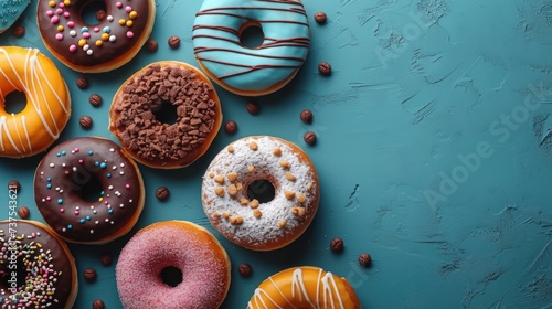 a group of doughnuts sitting on top of a blue surface with sprinkles all around them.