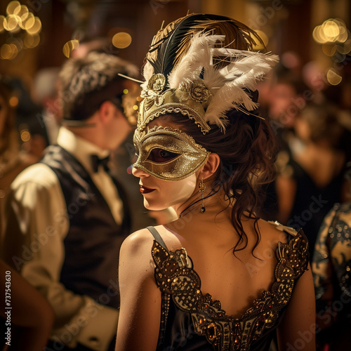 Elegant Masquerade Ball Attendee in Venetian Mask
