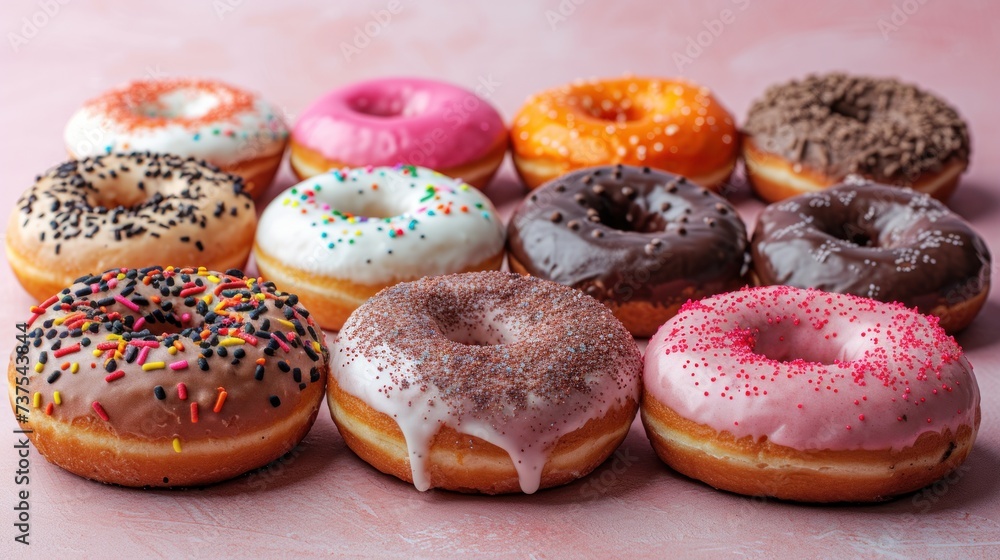 a group of doughnuts sitting on top of a pink table covered in frosting and sprinkles.