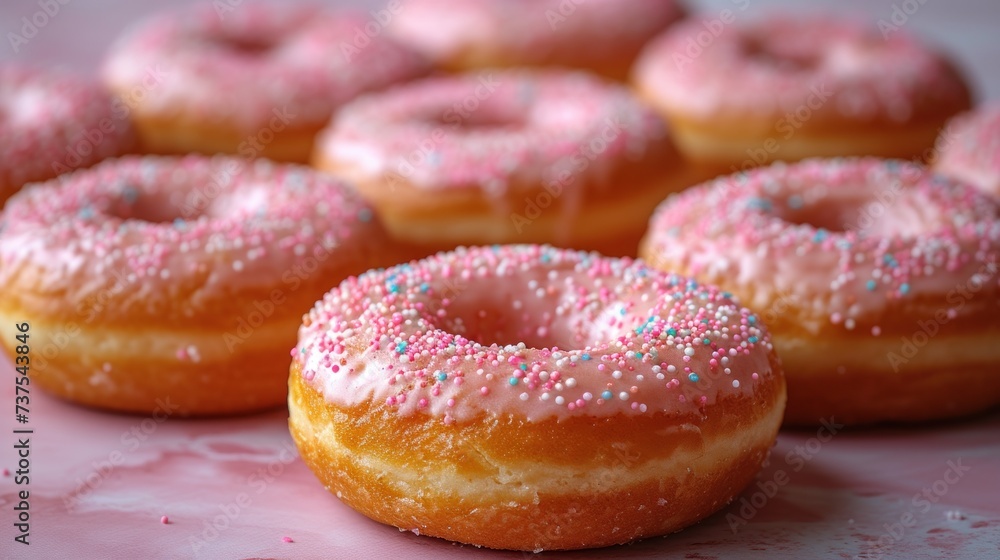 a close up of a bunch of doughnuts with pink frosting and sprinkles on them.