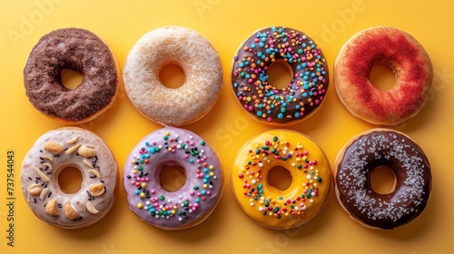 a group of six doughnuts sitting on top of a yellow table next to each other on a yellow surface.