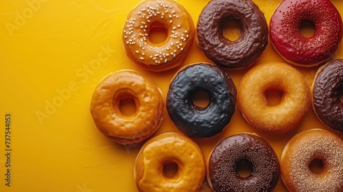 a group of doughnuts sitting next to each other on top of a yellow surface with sprinkles.
