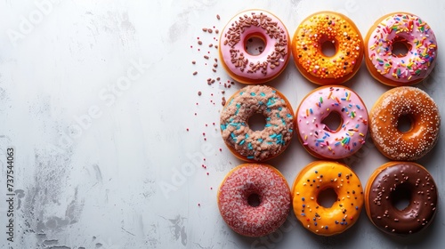 a group of doughnuts with sprinkles arranged on a white surface with sprinkles.