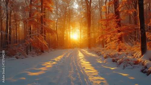 the sun shines brightly through the trees in the snow - covered woods on a path through snow - covered trees. © Shanti