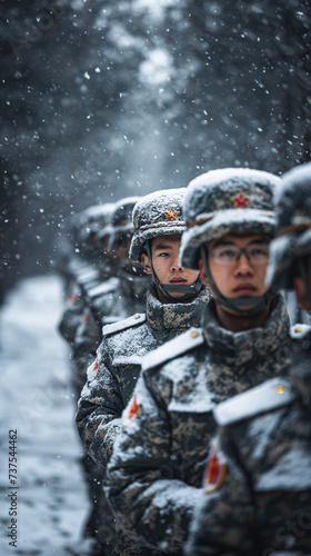 Soldados del ejercito chino en formación con los uniformes cubiertos de nieve
