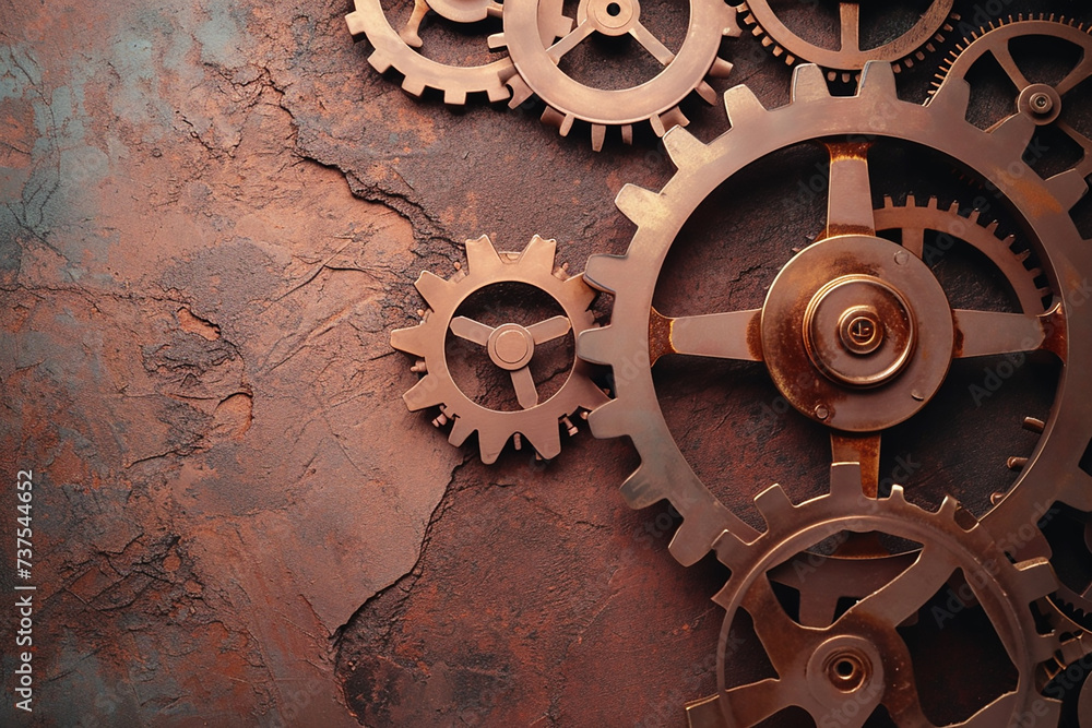 A series of interlocking gears and cogs, in a steampunk style, against a dusty rose wall.
