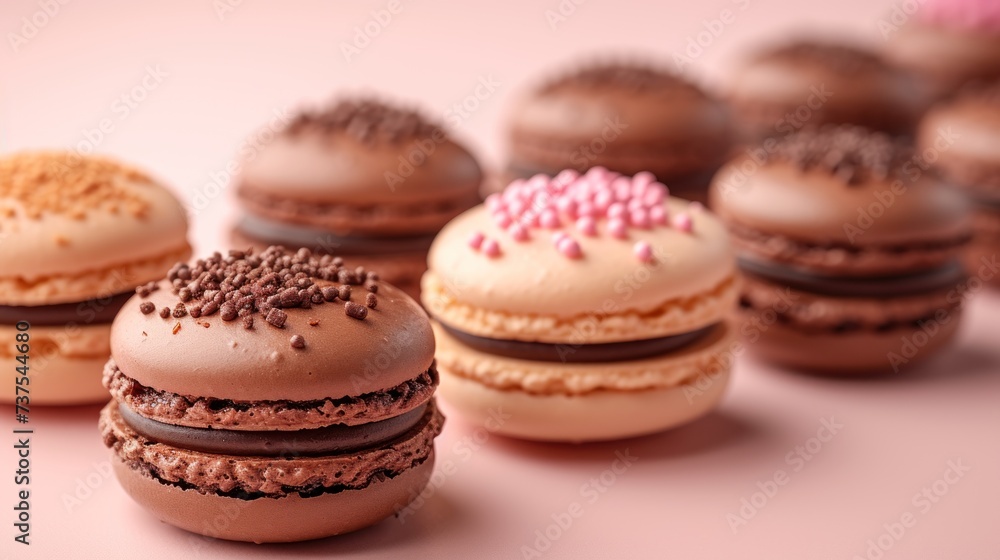a group of macaroons with chocolate frosting and sprinkles on top of each macaroons. a group of macaroons with chocolate frosting and sprinkles on top of each macaroons.