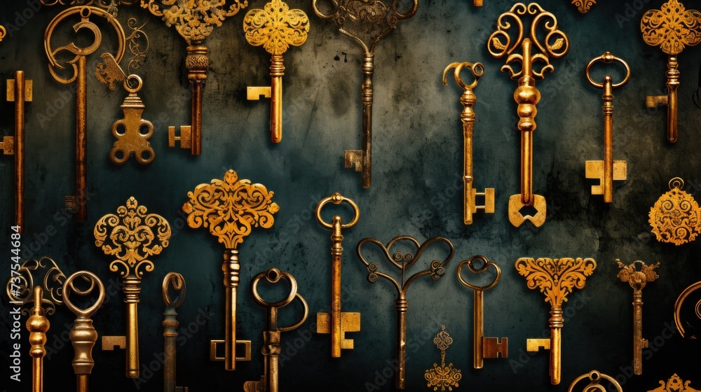 Background with antique old keys in Mustard color