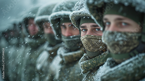 Soldados del ejercito ruso en formación con los uniformes cubiertos de nieve photo