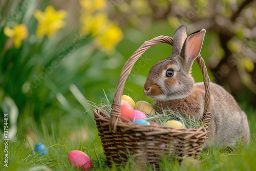 Happy Easter Eggs Basket Decorative eggs. Bunny in flower easter Seasonal bloom decoration Garden. Cute hare 3d bokeh easter rabbit spring illustration. Holy week asters card wallpaper Rose Sugar